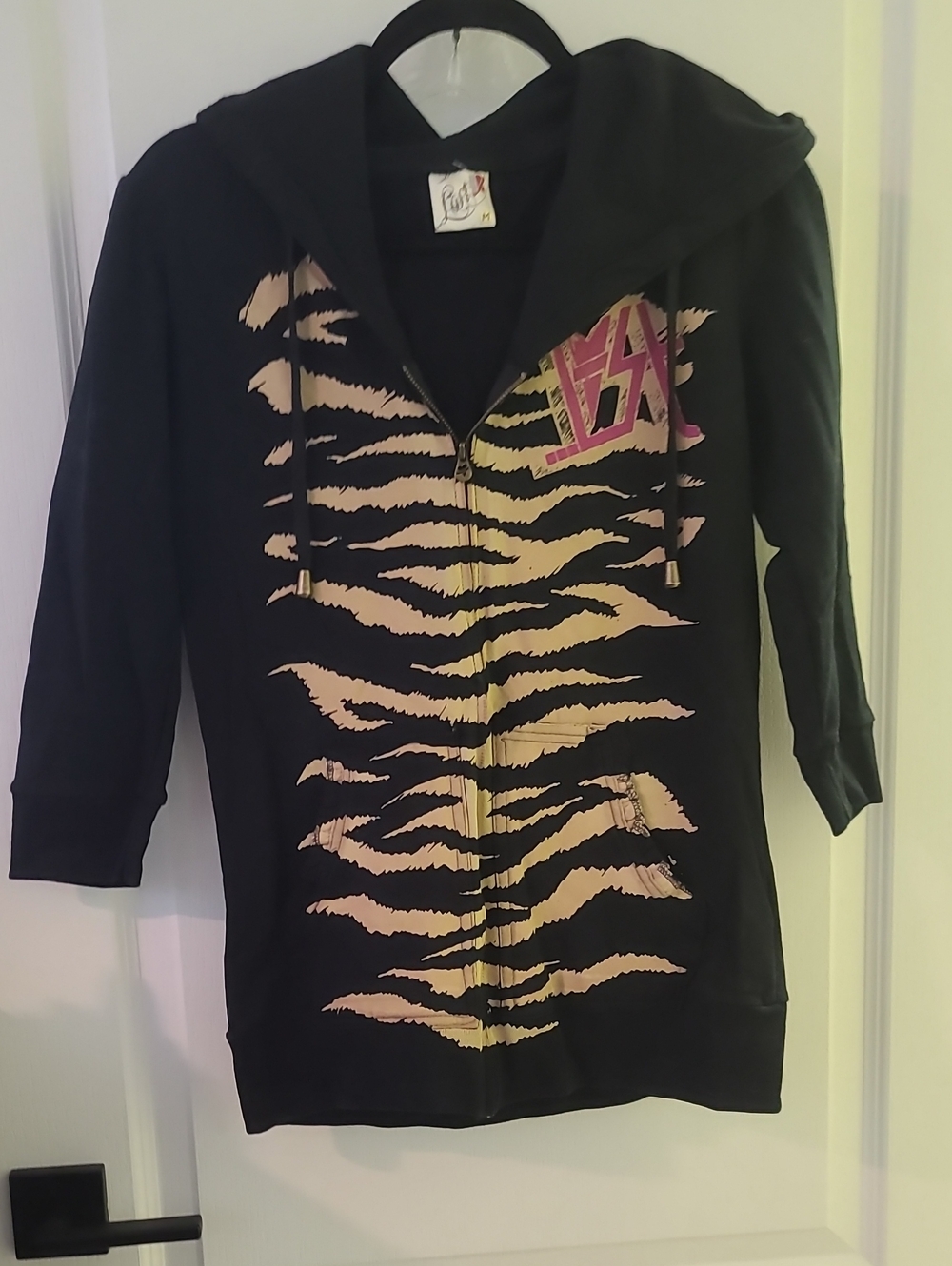 LOST Black Hoodie Jacket with Cream Tiger Stripe Print NEW
